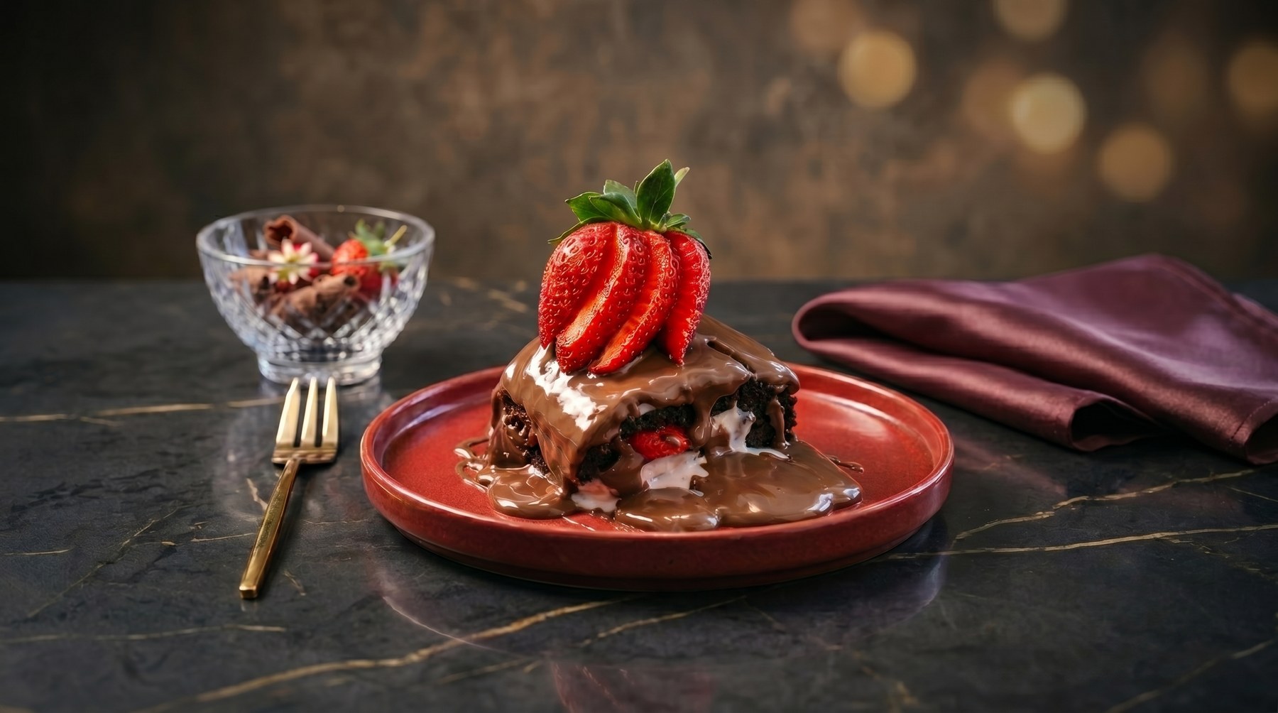 Meli Cake — akıtmalı çikolata sosu ve taze çilekle hazırlanan imza pastamız